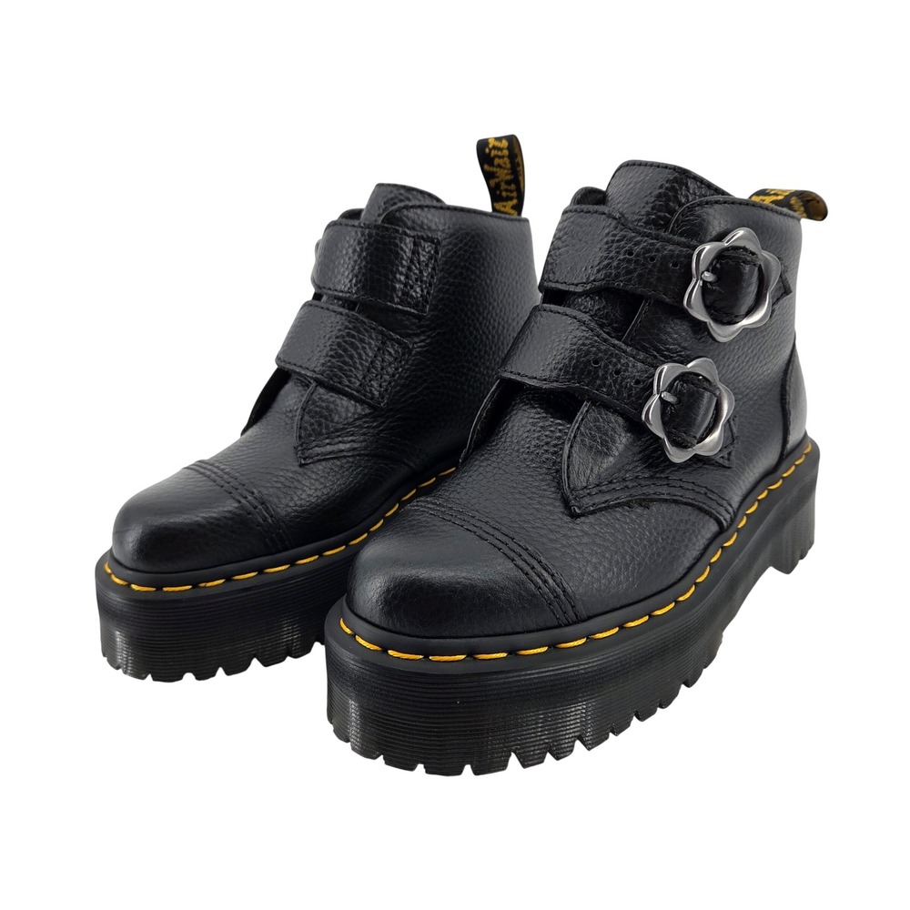 Dr Martens Devon Flower Platform Boots Black Leather Buckle Women's 5